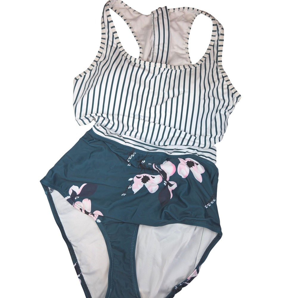 Molybell‎ Monokini Womens M Green Striped Floral High Waist Tie Beach 866 NWT